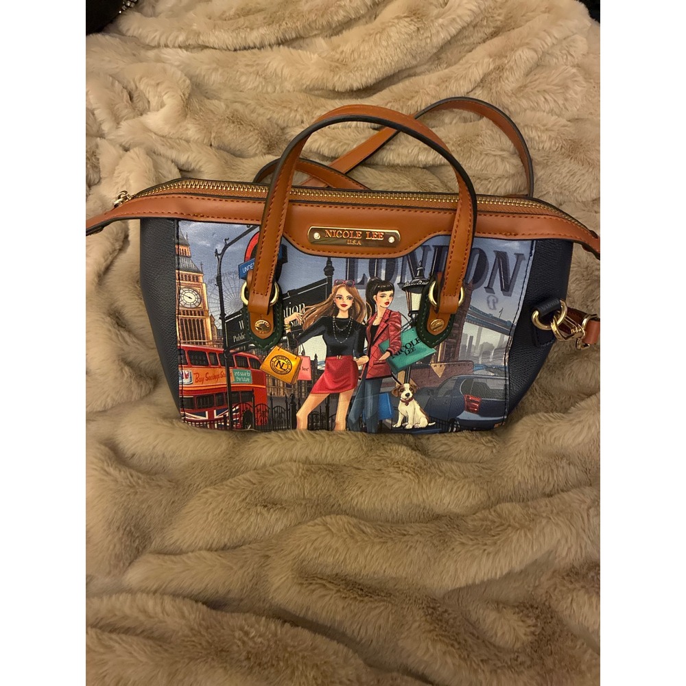 Nicole Lee London Satchel Bag Navy Brown Graphic Print Crossbody Handbag